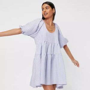 NastyGal Gingham Puff Sleeve Tiered Smock Mini Dress